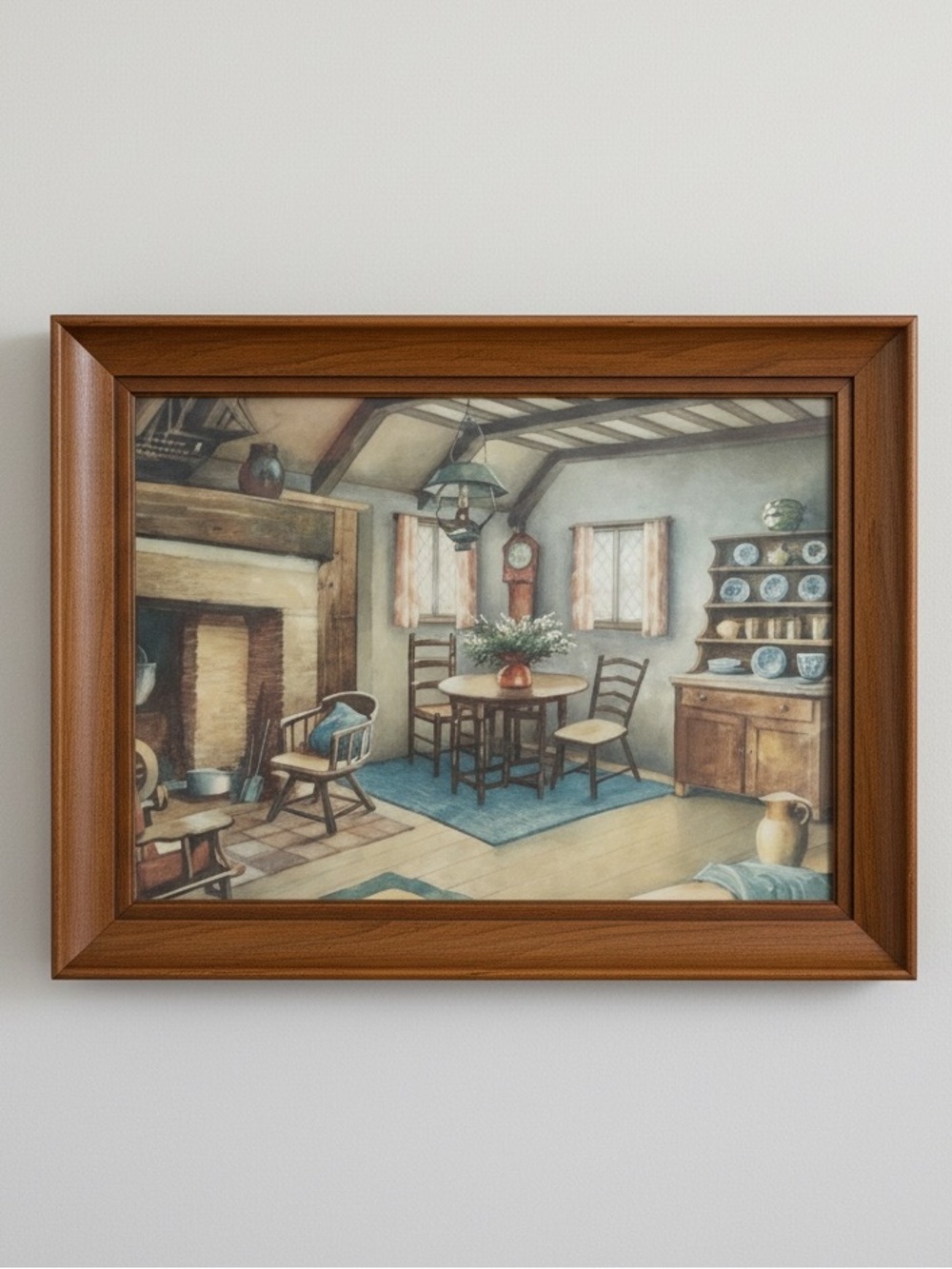 Vintage Colonial Home Print, Framed Home Hearth 1950's Inside Colonial Home